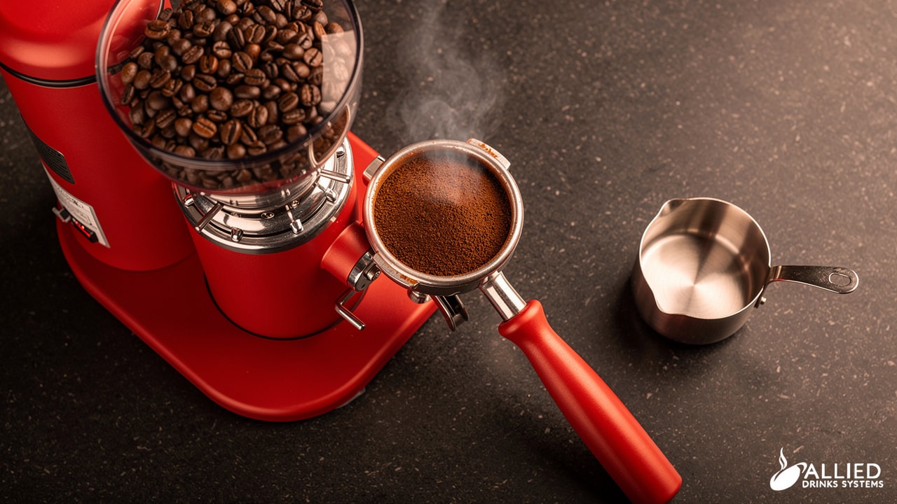 Professional barista workspace with burr grinder and espresso equipment