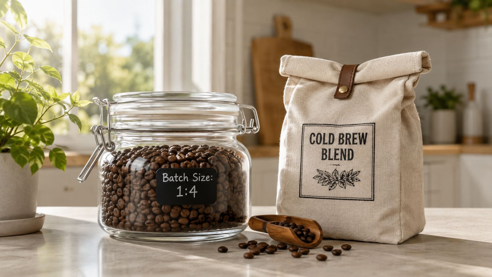 A glass jar filled with coffee beans labeled Batch Size 1:4 next to a bag of cold brew coffee.
