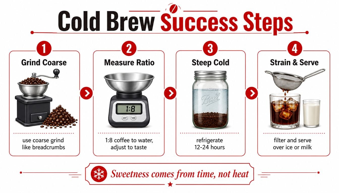 A four-step infographic illustrating how to make cold brew coffee with grind, ratio, steeping, and serving instructions.