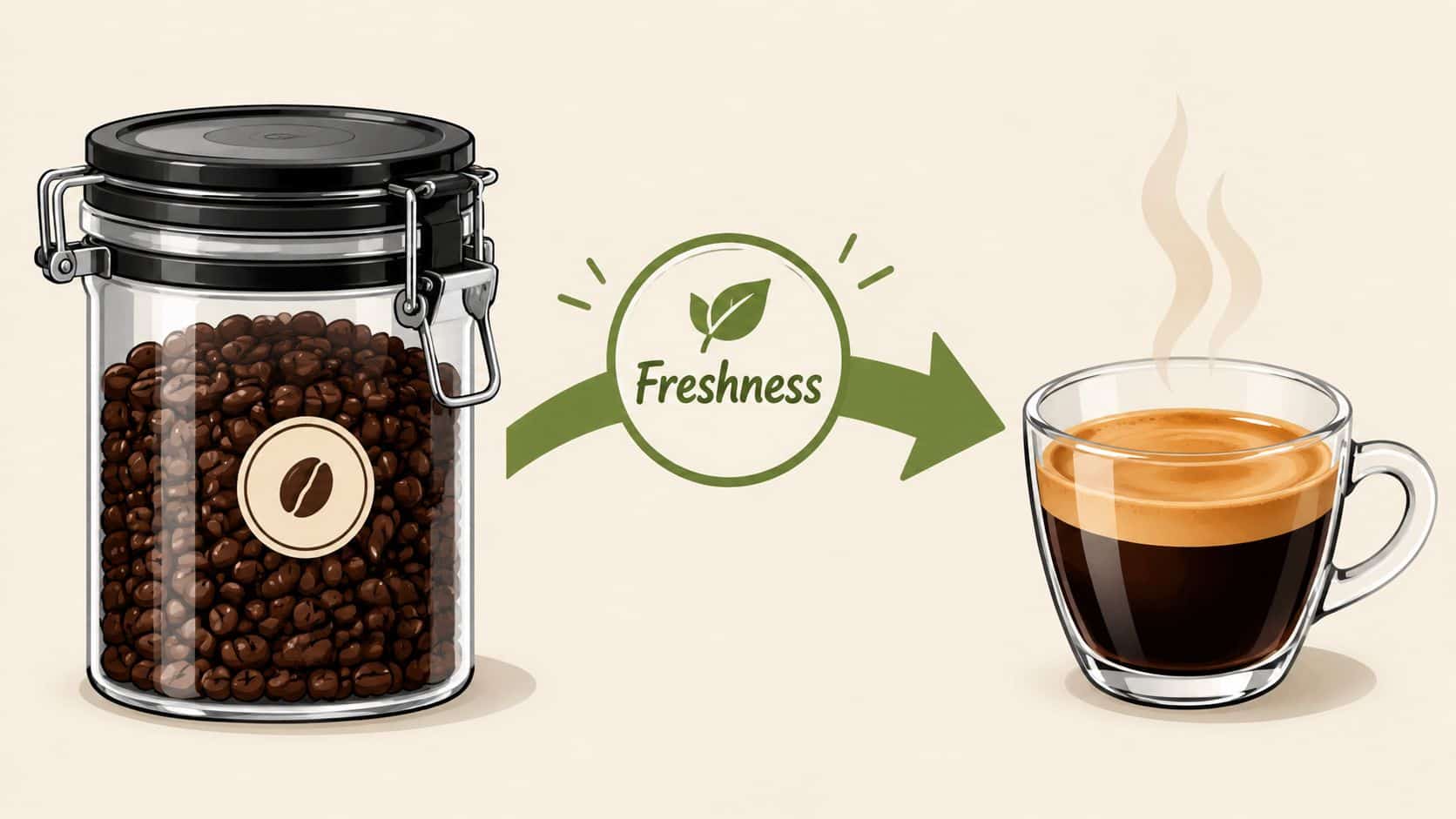 A glass canister filled with roasted coffee beans transitioning to a fresh cup of hot espresso.
