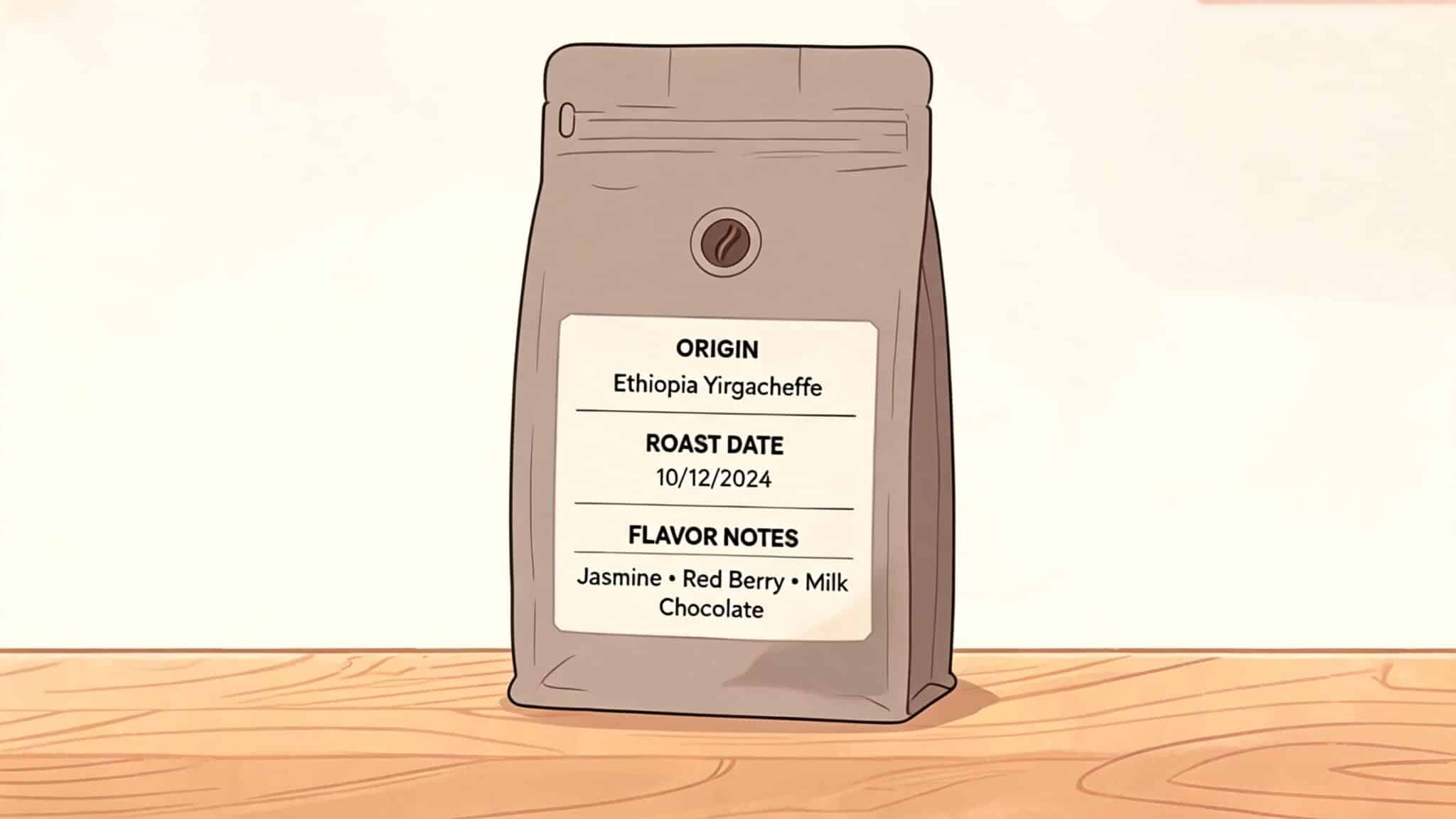 A brown coffee bag with a label showing Ethiopia Yirgacheffe origin, roast date, and flavor notes.