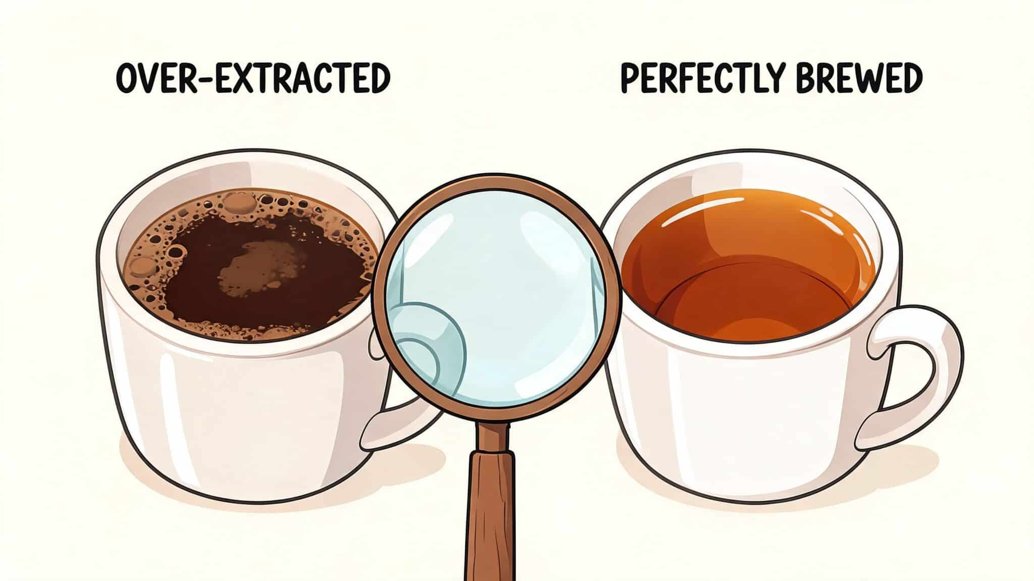 A comparison between a dark, over-extracted coffee mug and a golden, perfectly brewed cup of coffee.