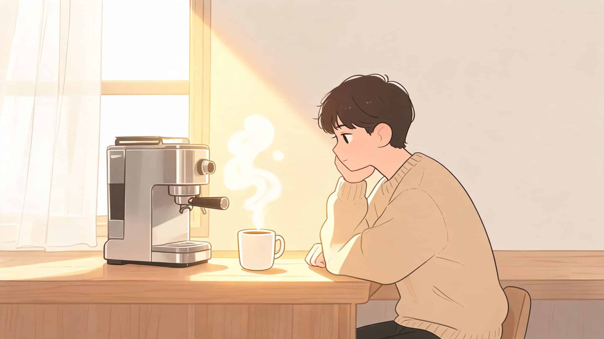 A young man sitting at a desk with a warm cup of coffee and a coffee machine.