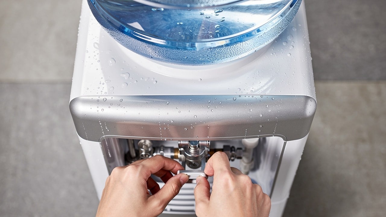 Person using bottled water cooler with visible chilled water supply