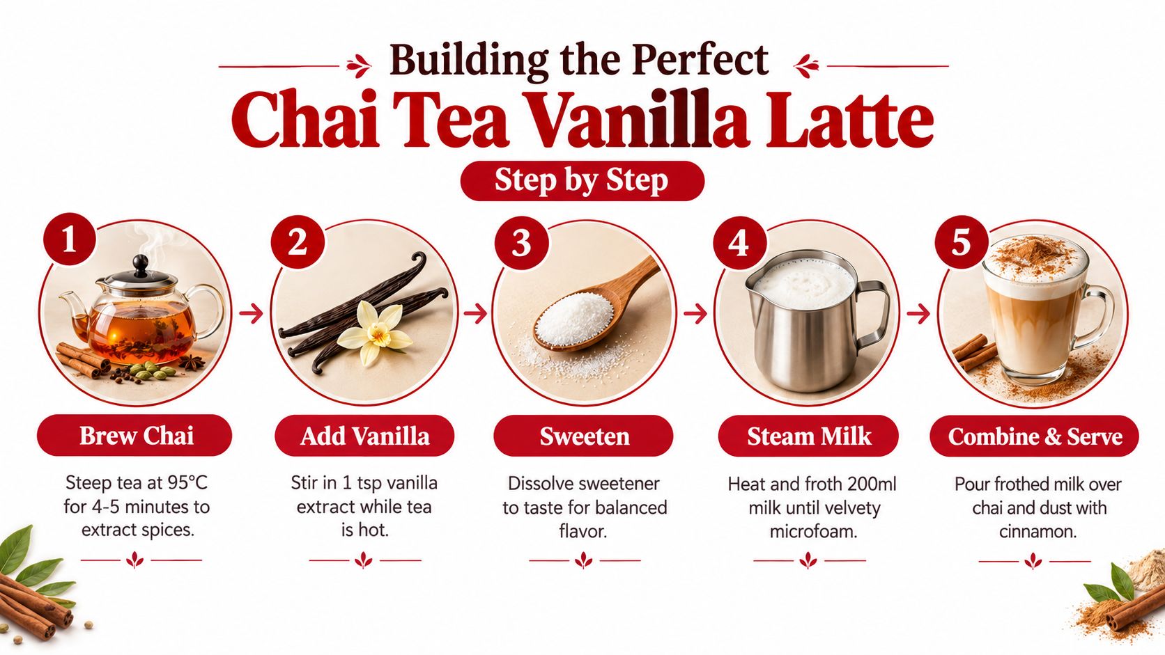 A step-by-step instructional guide on how to prepare a delicious homemade chai tea vanilla latte.