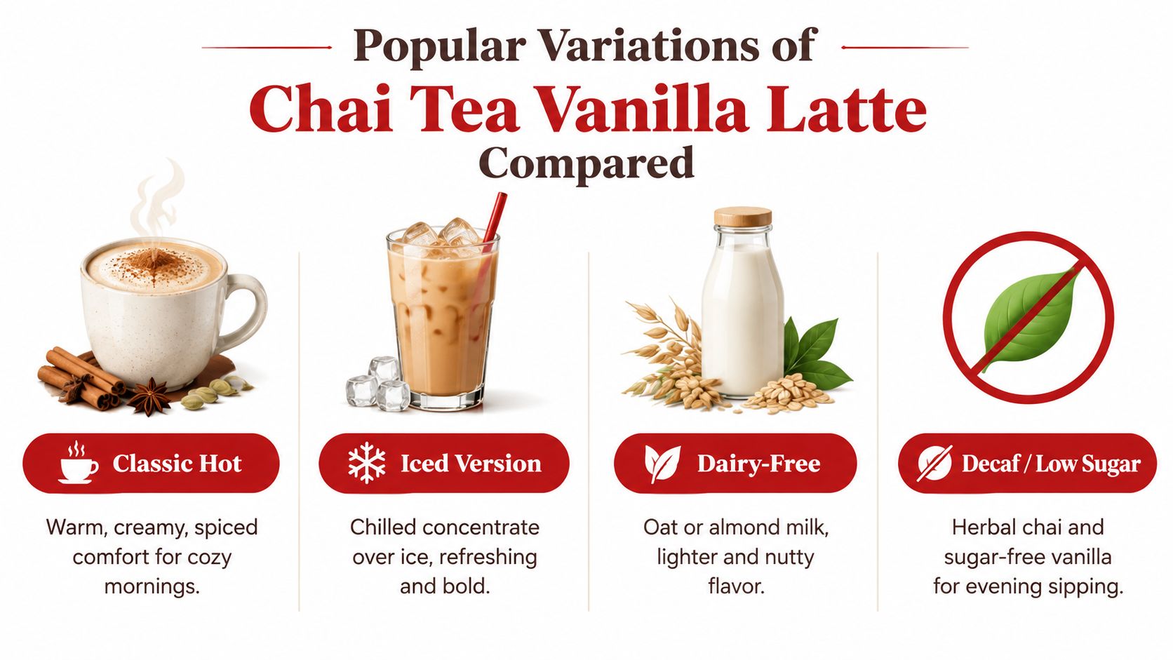 An infographic showing four popular variations of chai tea vanilla latte including hot, iced, dairy-free, and decaf.