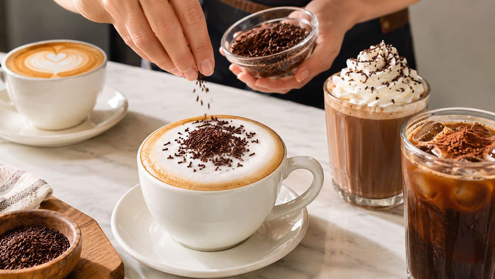 A barista sprinkles chocolate shavings onto a fresh cappuccino at a marble table with other drinks.