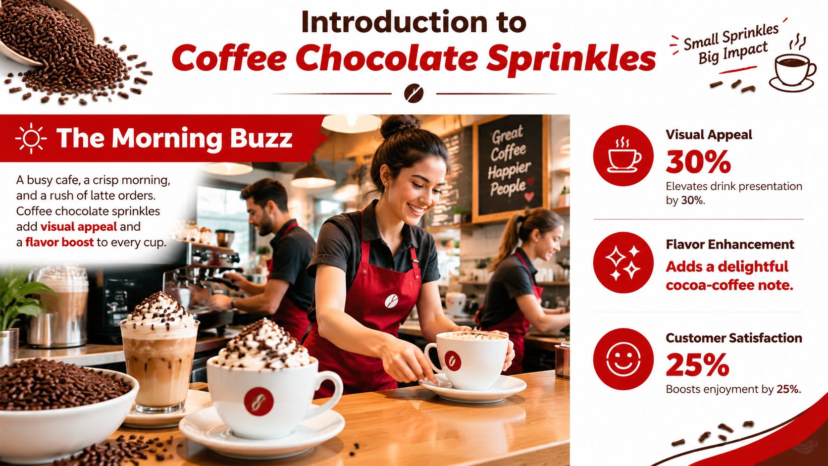 A professional infographic promoting coffee chocolate sprinkles, showing a busy cafe scene with baristas serving decorated drinks.