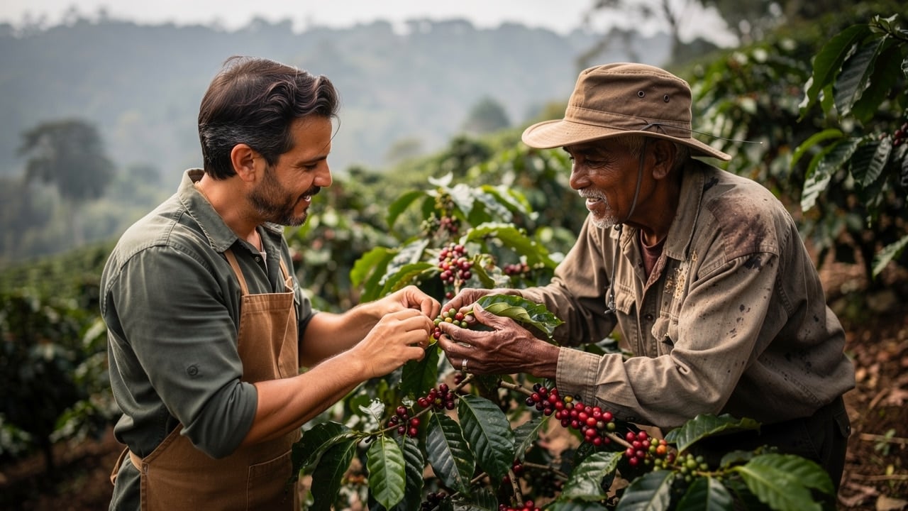 Coffee shop owner and farmer examining coffee plants together