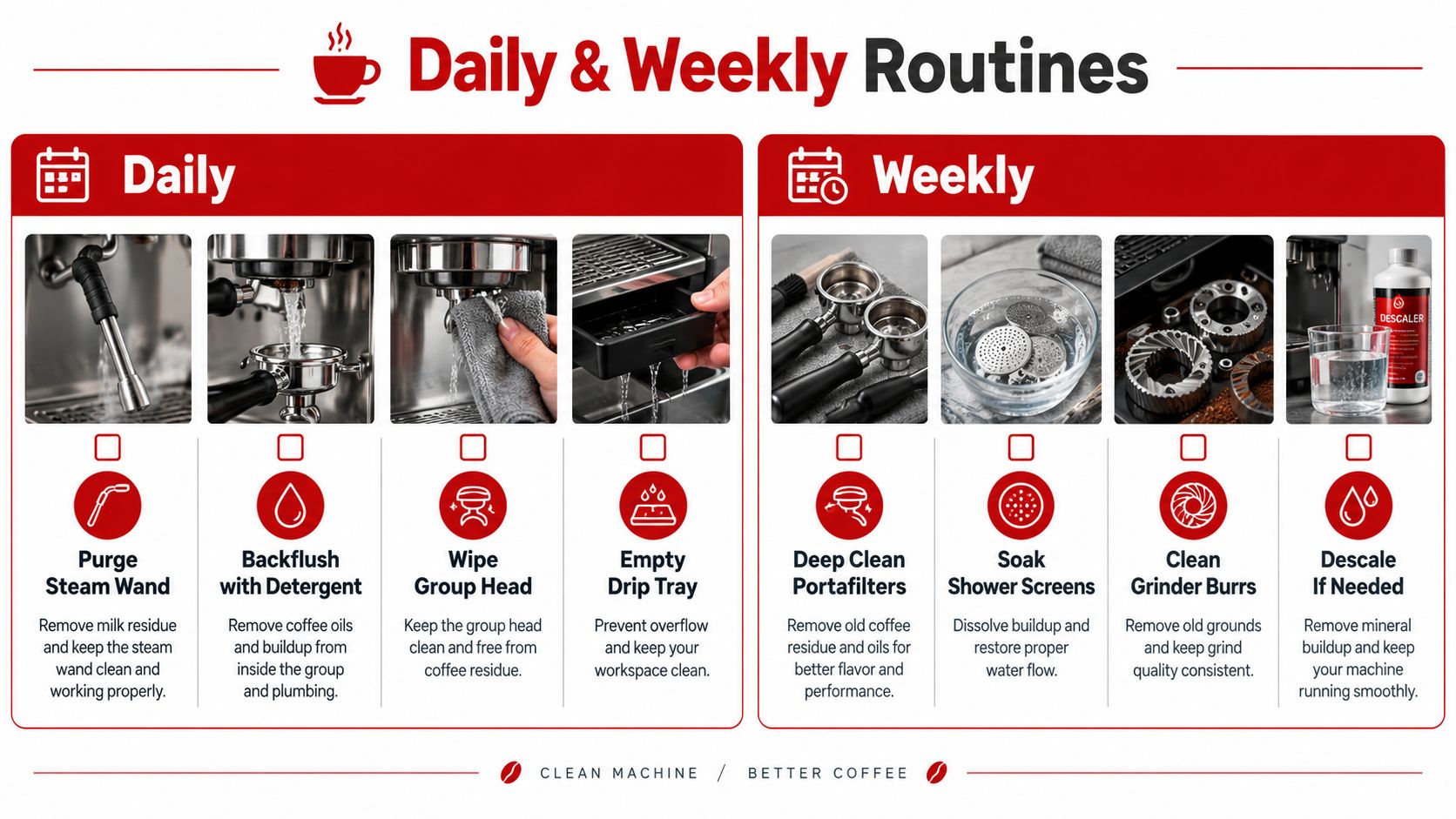 A maintenance schedule infographic for espresso machines showing daily and weekly cleaning tasks with clear icons.