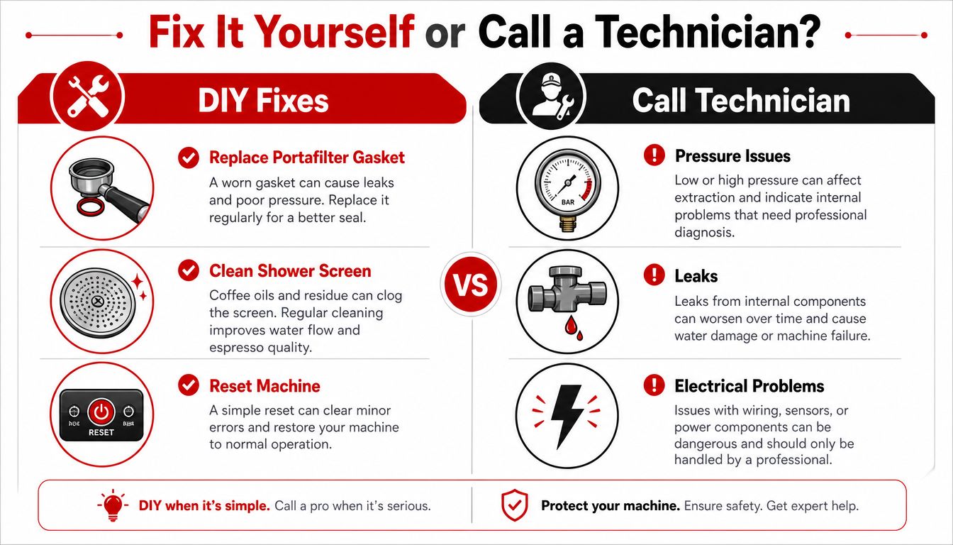 An infographic comparing when to perform DIY espresso machine repairs versus calling a professional technician.