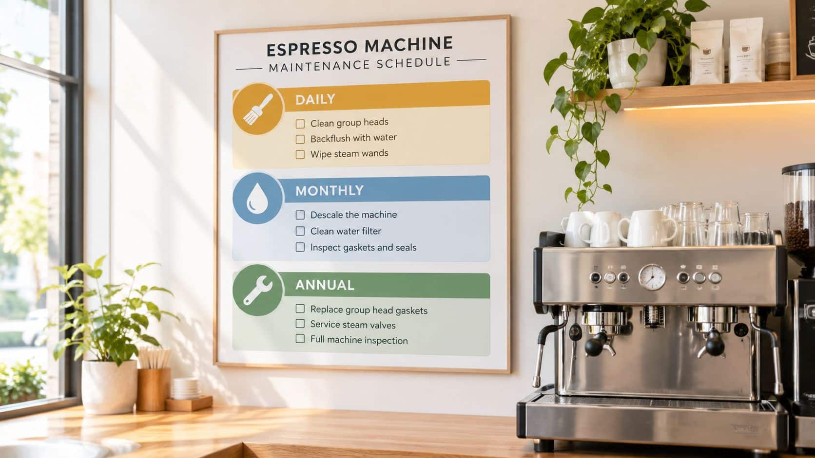 A printed maintenance schedule for a professional commercial espresso machine hanging on a kitchen wall.