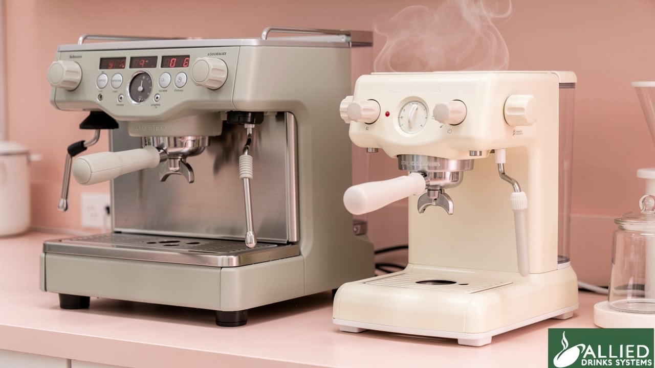 Compact espresso machine next to full-size unit