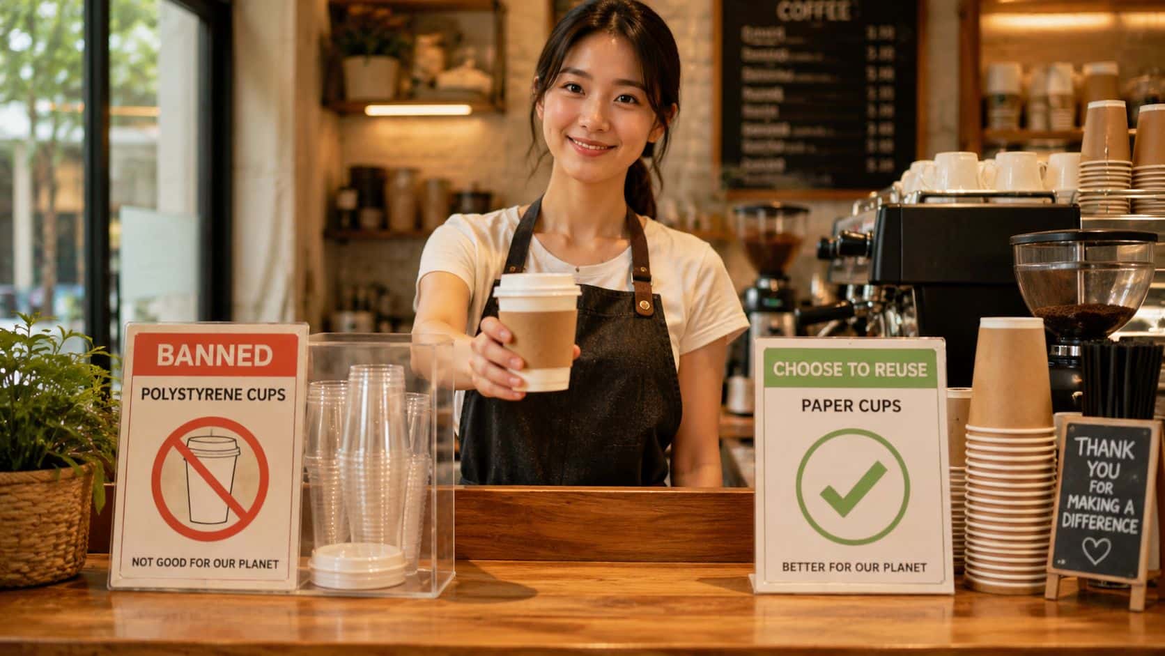 A friendly barista holding a paper coffee cup behind a counter with environmental awareness signs.