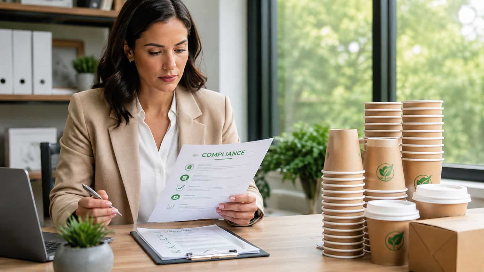 A businesswoman reviews a compliance document at a desk with stacked disposable cups and a laptop.