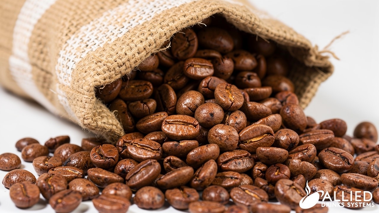 Roasted coffee beans spilling from an open burlap sack onto a white surface.