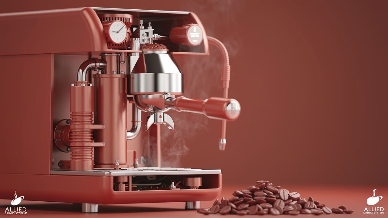 Close-up of espresso machine boiler and grinder parts
