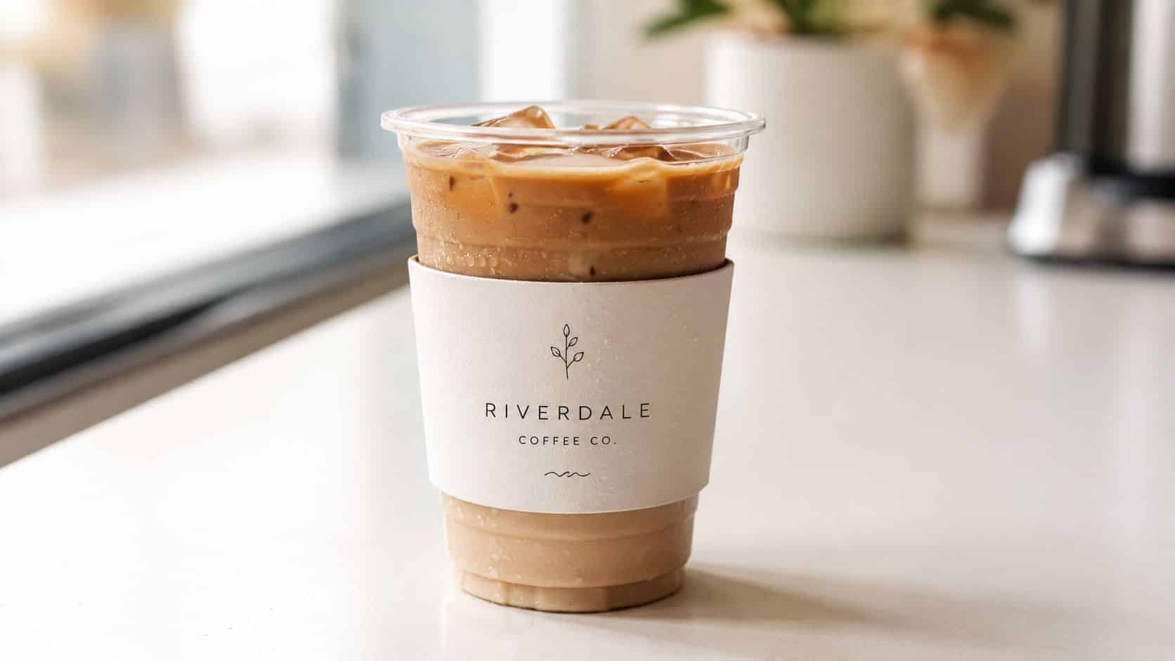 An iced coffee in a clear plastic cup with a Riverdale Coffee Co sleeve on a table.
