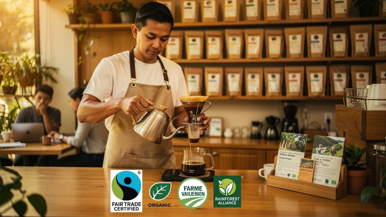Barista in independent café preparing ethically sourced coffee
