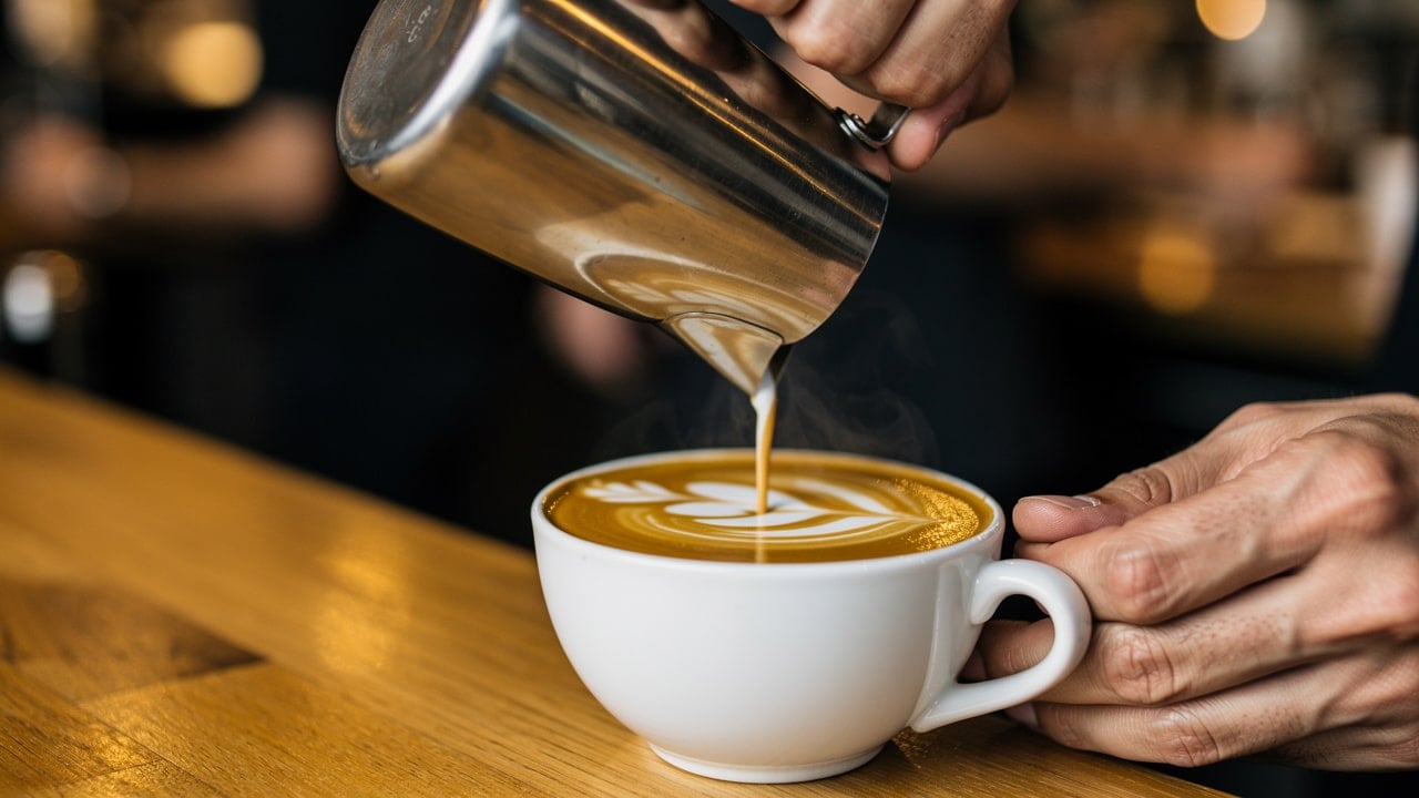 Barista pouring milk at precise height for latte art control