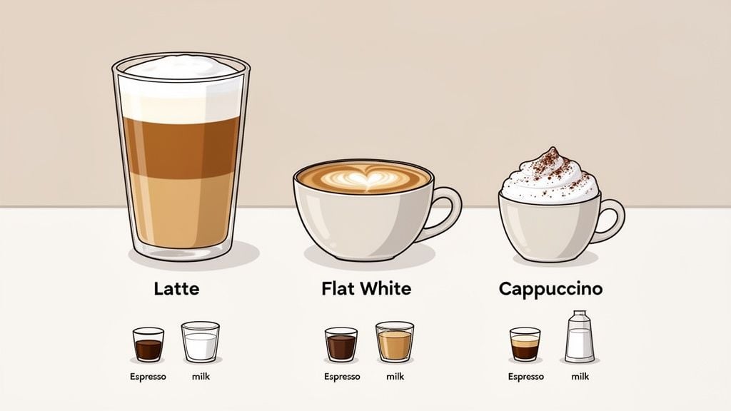 Illustration comparing latte, flat white, and cappuccino coffee drinks with their ingredients.