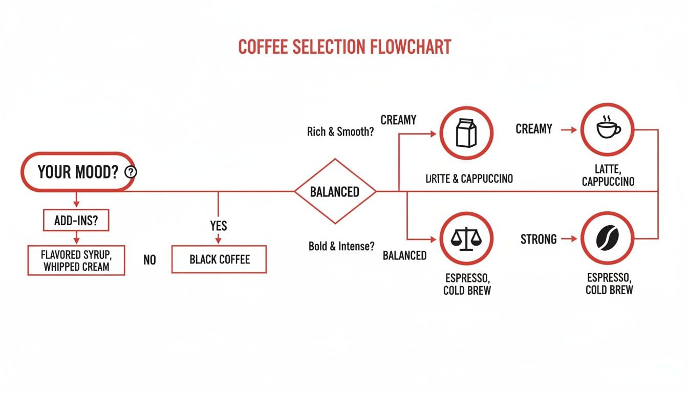 A detailed coffee selection flowchart guiding users to choose different coffee types based on mood and preferences.