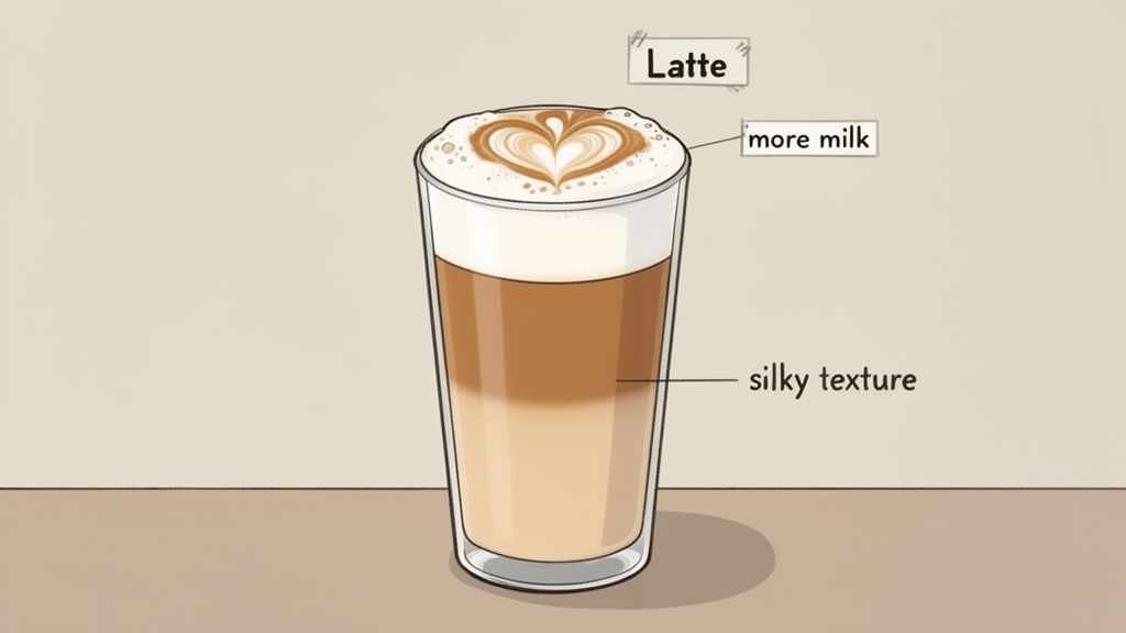 An illustrated diagram of a latte in a glass with a heart art, labeled 'more milk' and 'silky texture'.