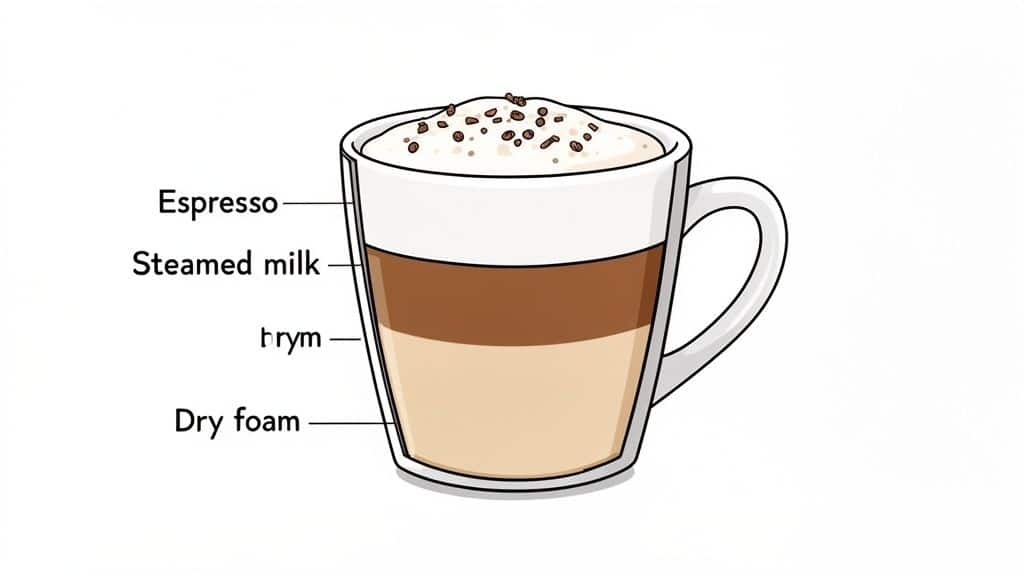 Illustration of a layered coffee drink, showing espresso, steamed milk, and dry foam in a mug, topped with sprinkles.