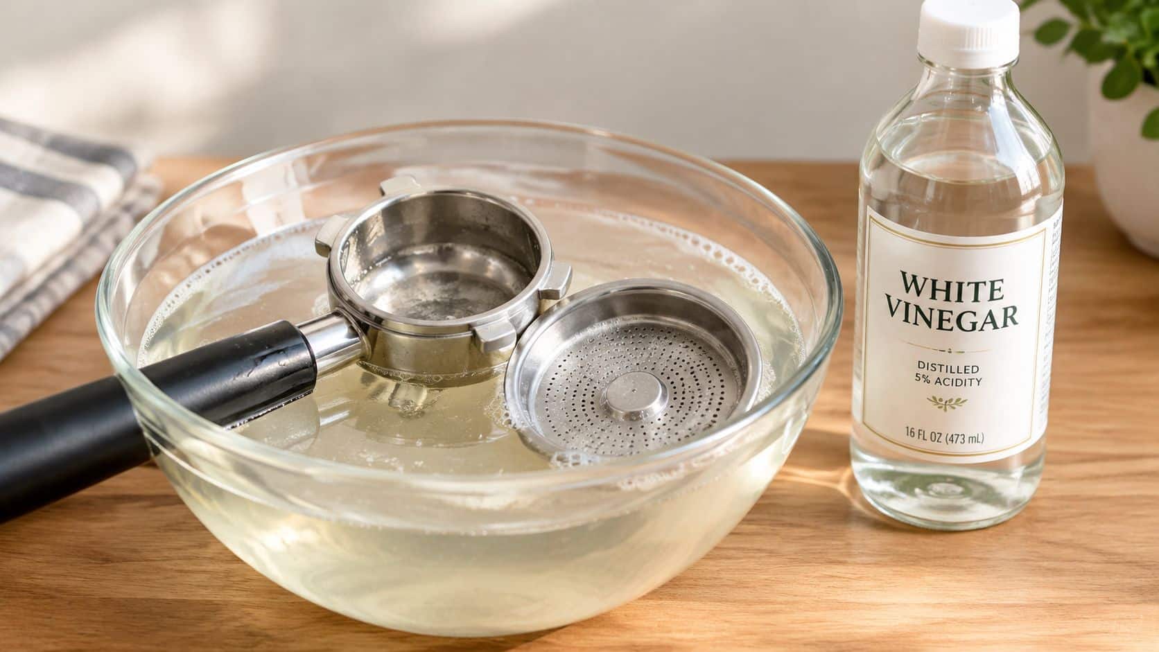 A portafilter and filter basket soaking in a glass bowl of white vinegar for limescale removal.