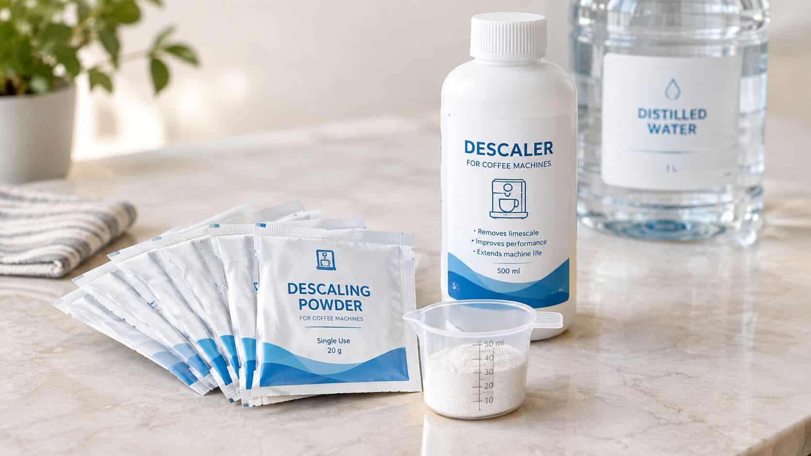 A set of descaling supplies for coffee machines, including powder sachets, a bottle of descaler, and distilled water.