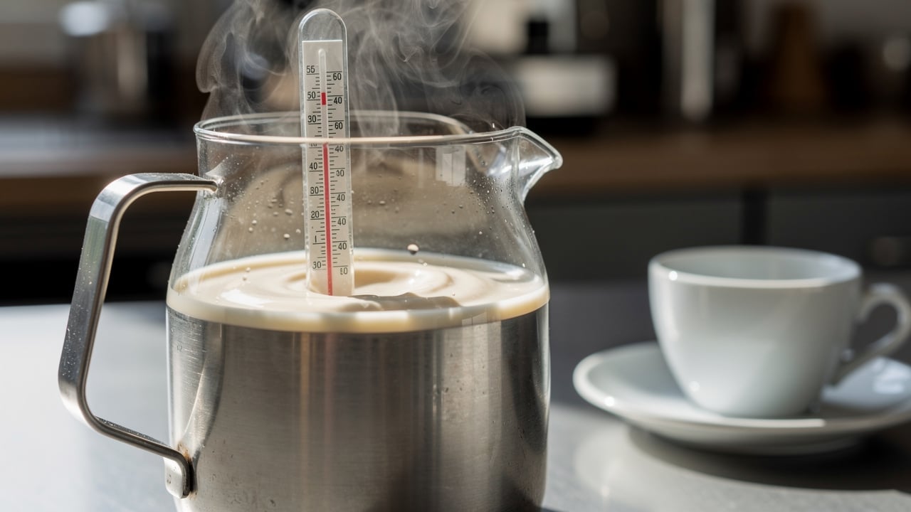 Thermometer measuring milk temperature at ideal serving heat