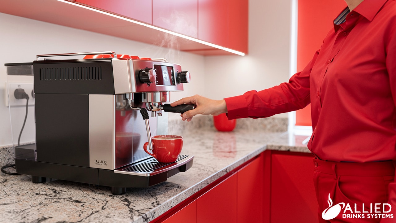 Modern office break room with professional coffee machine and employee