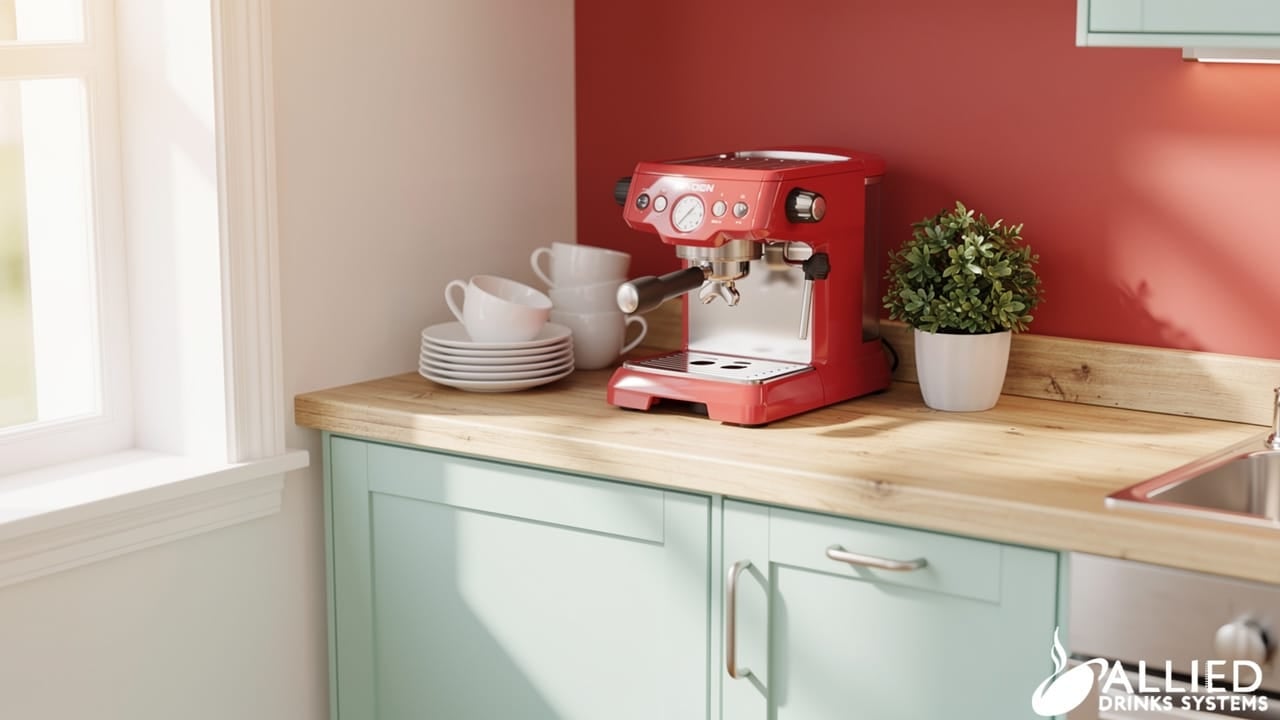 Small office kitchenette with compact espresso machine