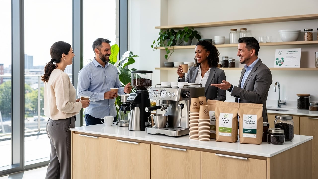 Modern office kitchen with sustainable coffee solution and staff