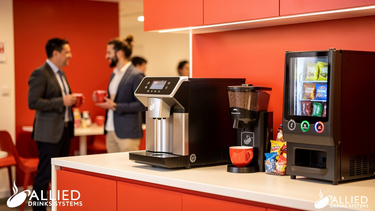 Modern workplace break room with professional coffee equipment