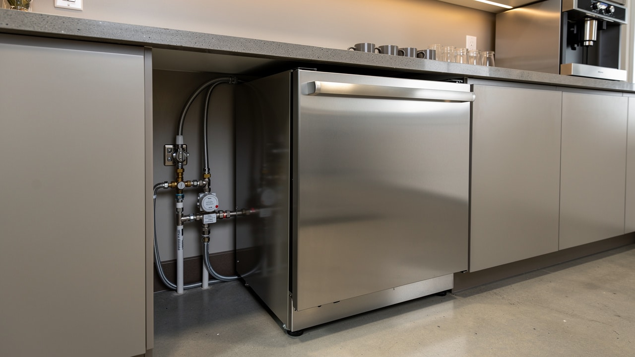 Point-of-use water cooler installed under office kitchen counter