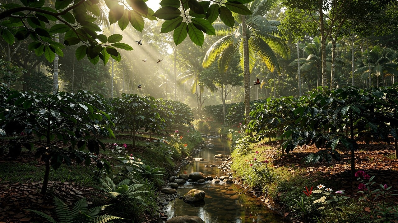 Shade-grown coffee plantation beneath dense native forest canopy