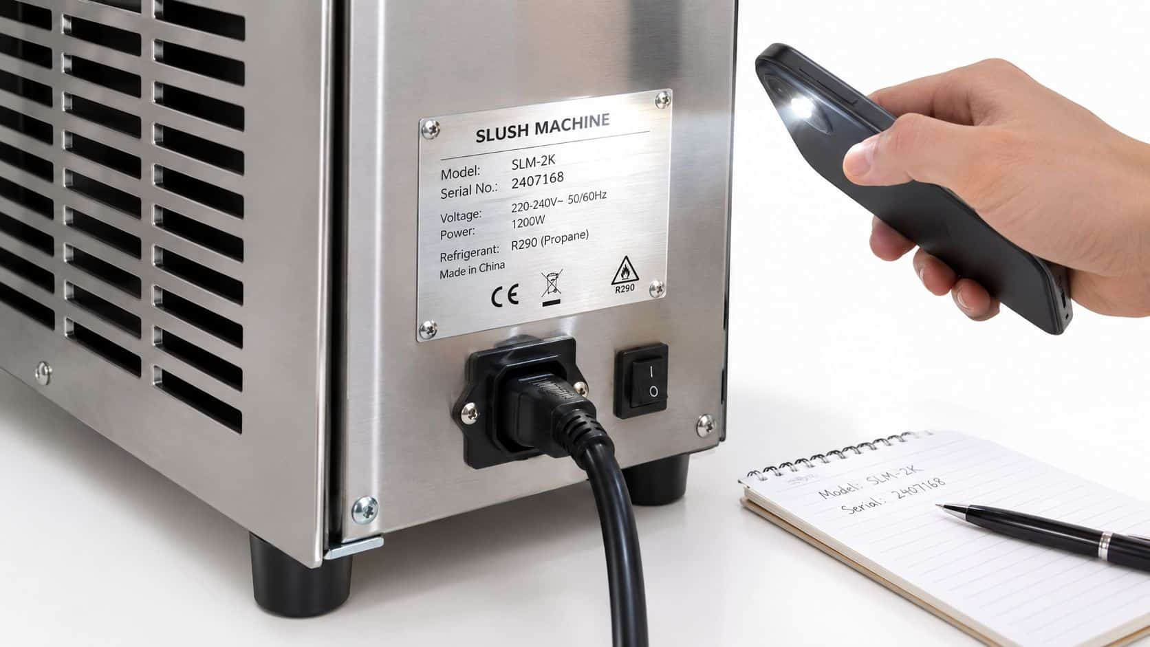 A hand illuminates a metal slush machine label with a phone flashlight while recording details on paper.