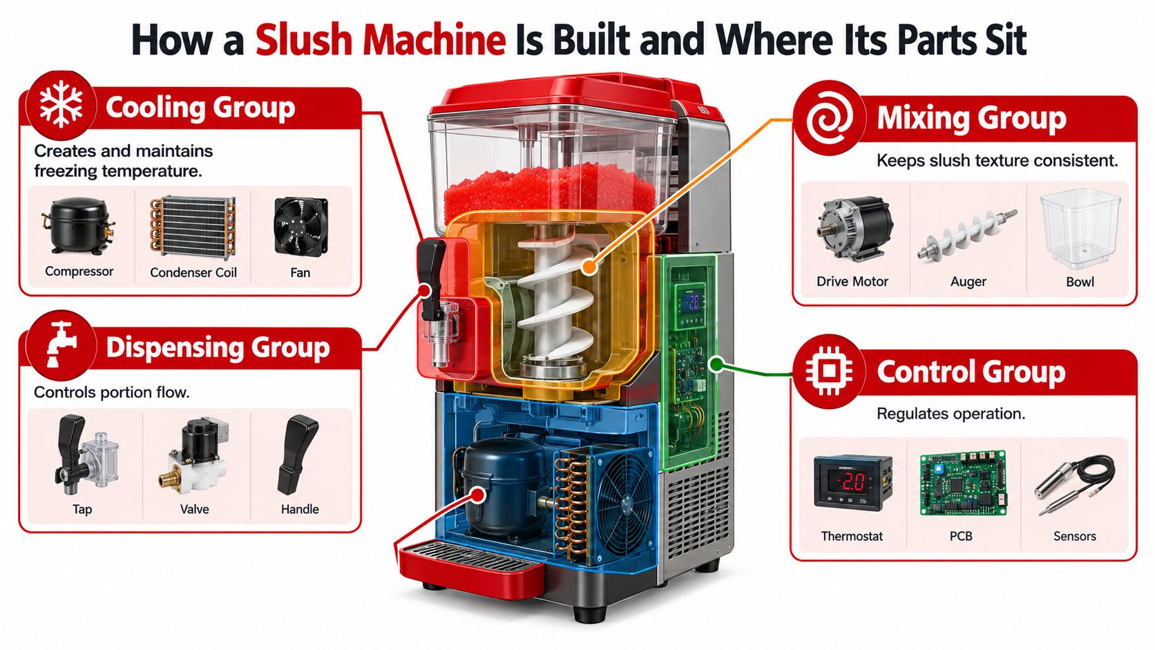 A diagram illustrating the internal components of a commercial slush machine grouped by functional category.