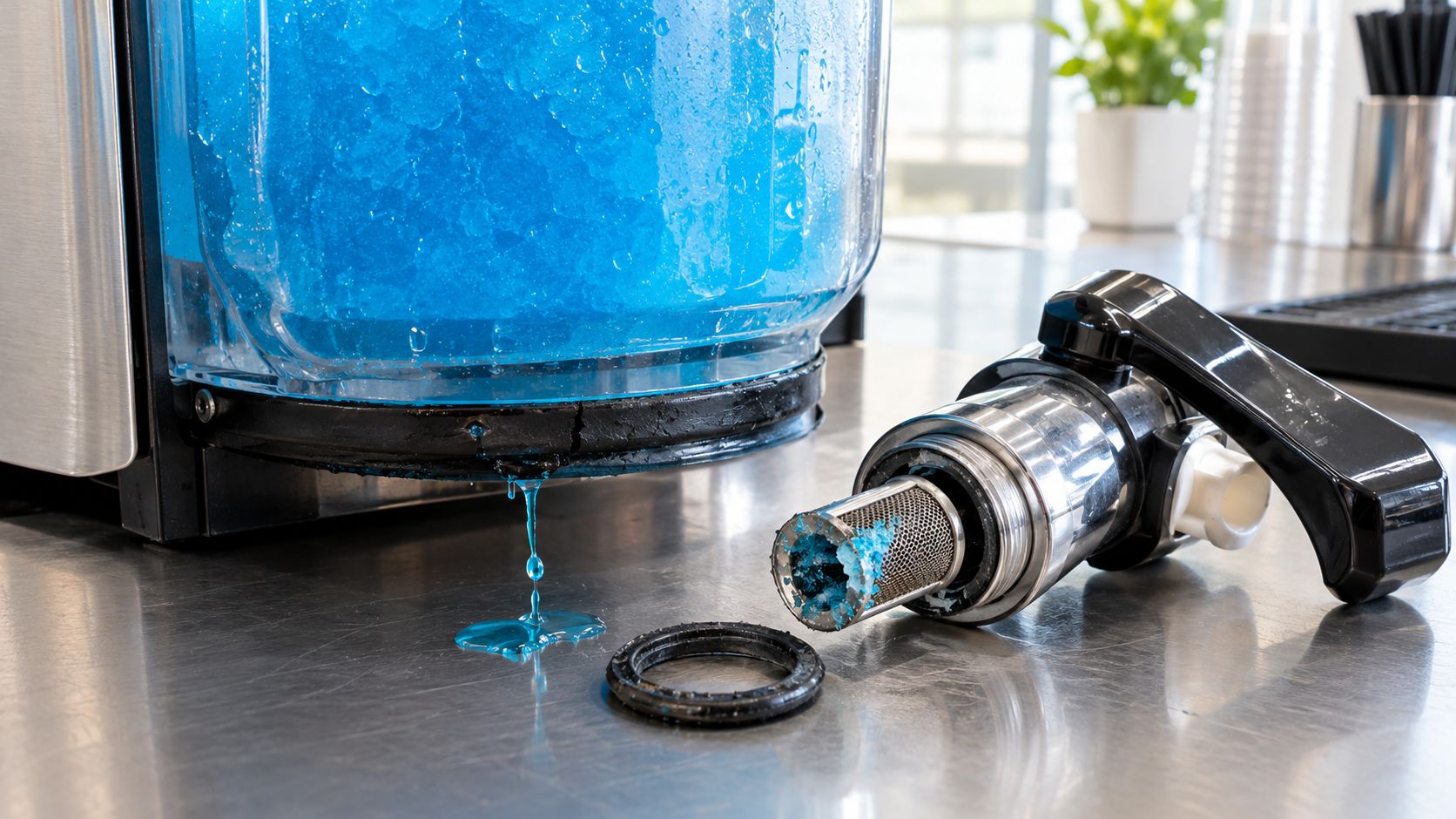 A close-up view of a leaking blue slushy machine with the detached faucet assembly on the counter.
