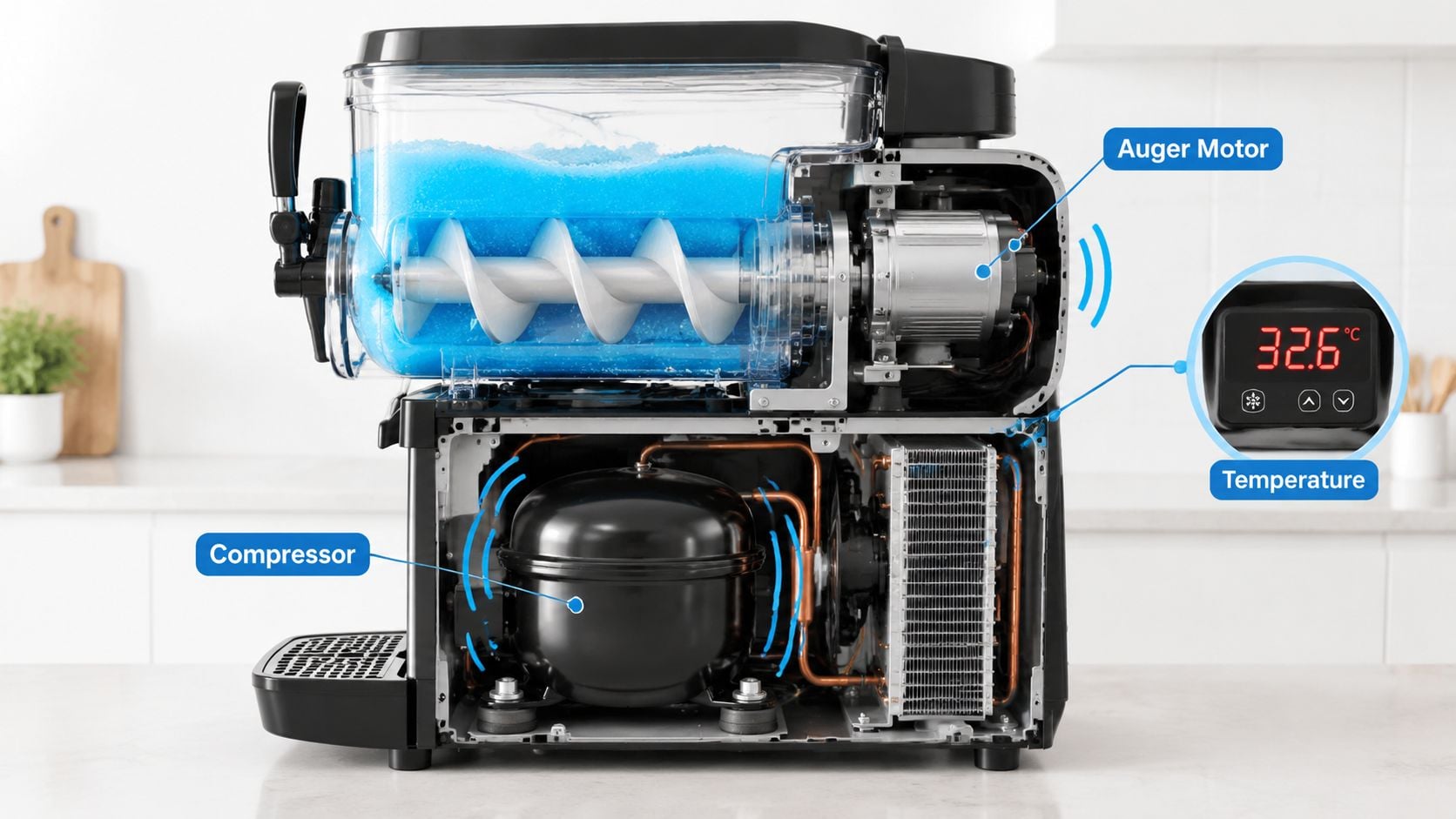 A cutaway view of a slush machine showing the internal components like the motor, compressor, and display.