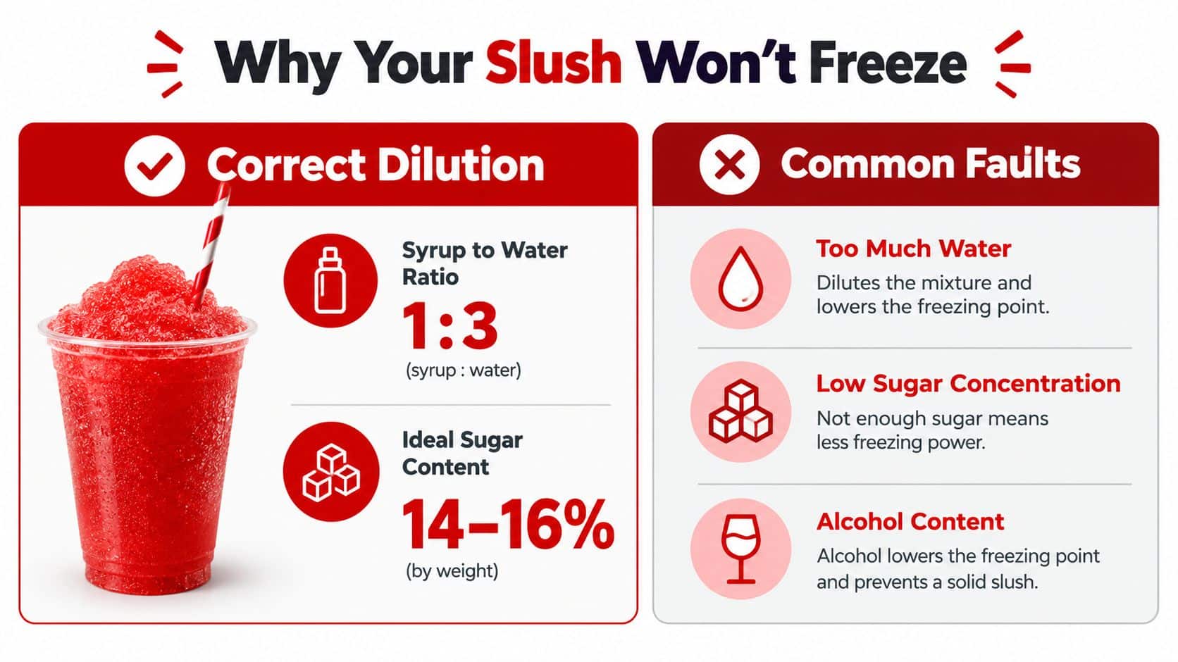 An infographic titled Why Your Slush Won't Freeze, displaying proper dilution ratios and common reasons for slush failure.