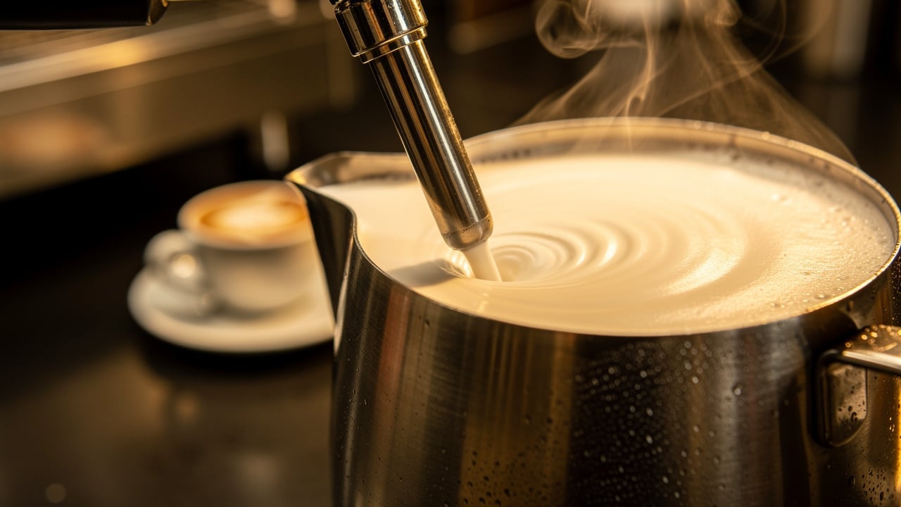 Steam wand positioned correctly for milk aeration