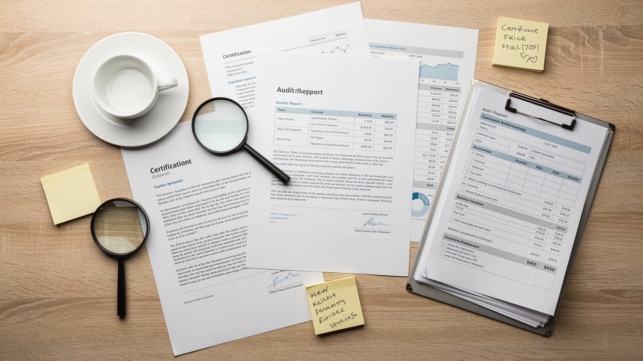 Certification documents and audit reports on desk during supplier vetting
