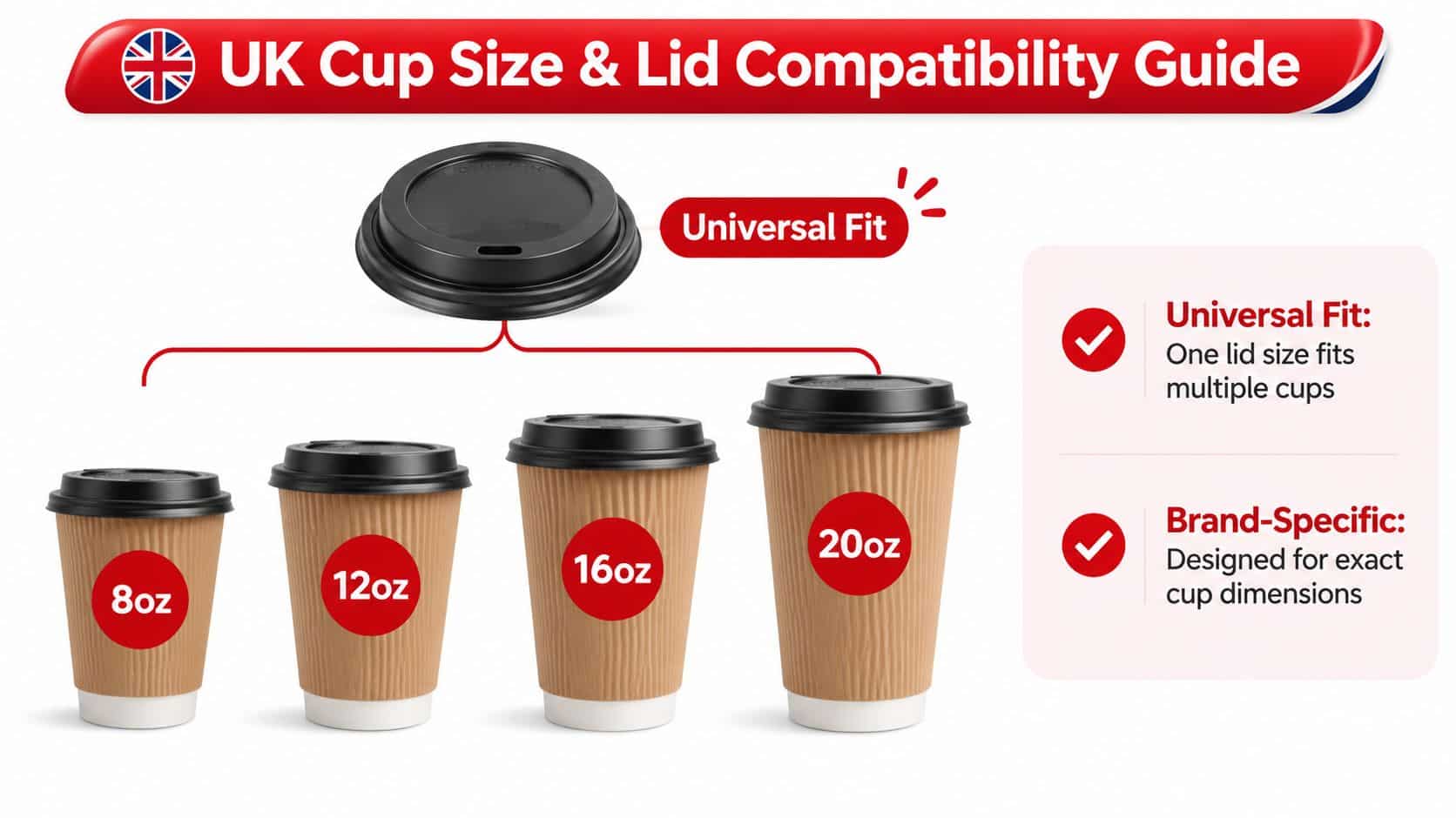 A UK cup size and lid compatibility guide showing one universal lid fitting multiple coffee cup sizes.
