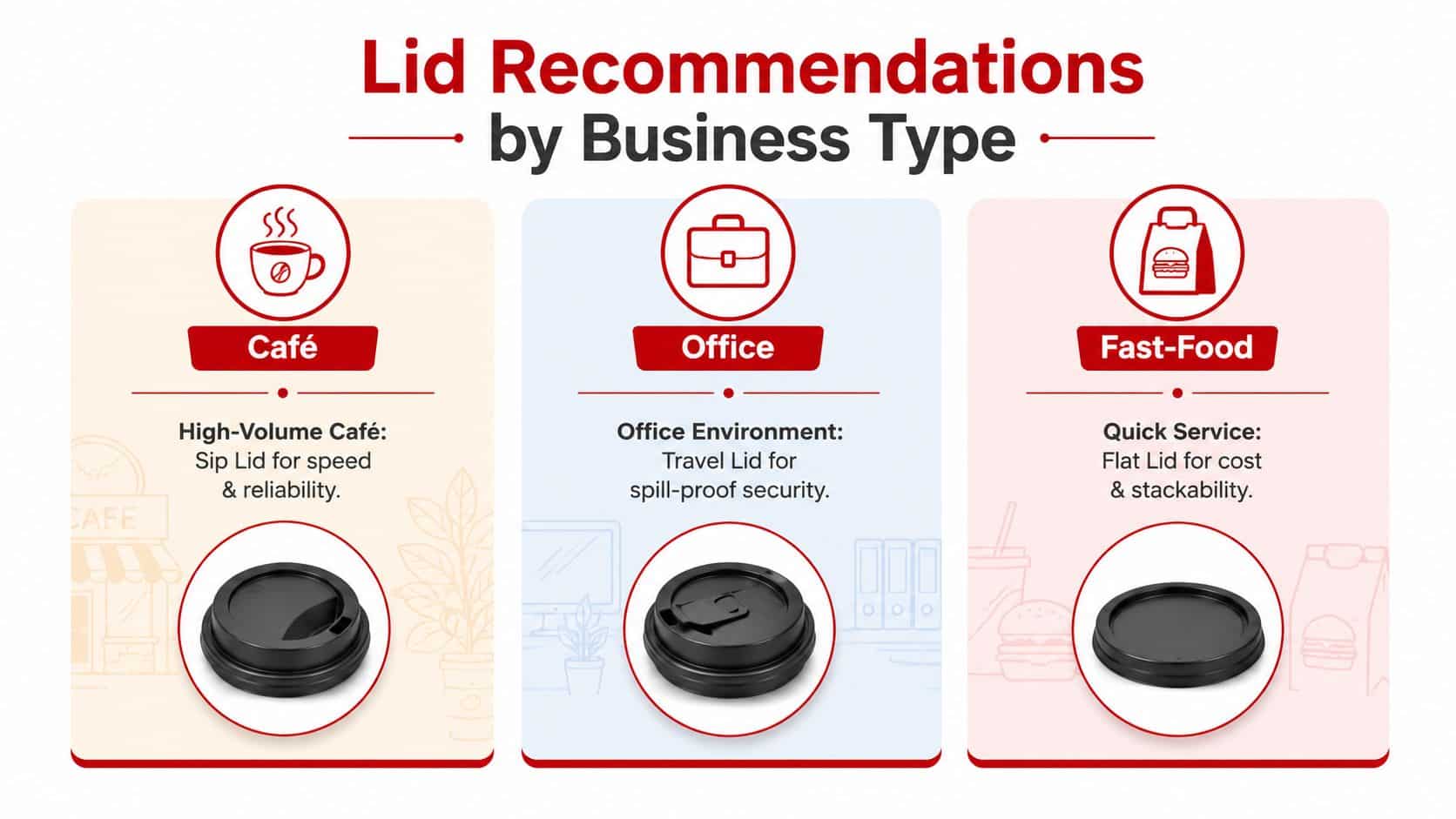 A chart recommending different types of takeaway coffee cup lids for cafes, offices, and fast-food businesses.
