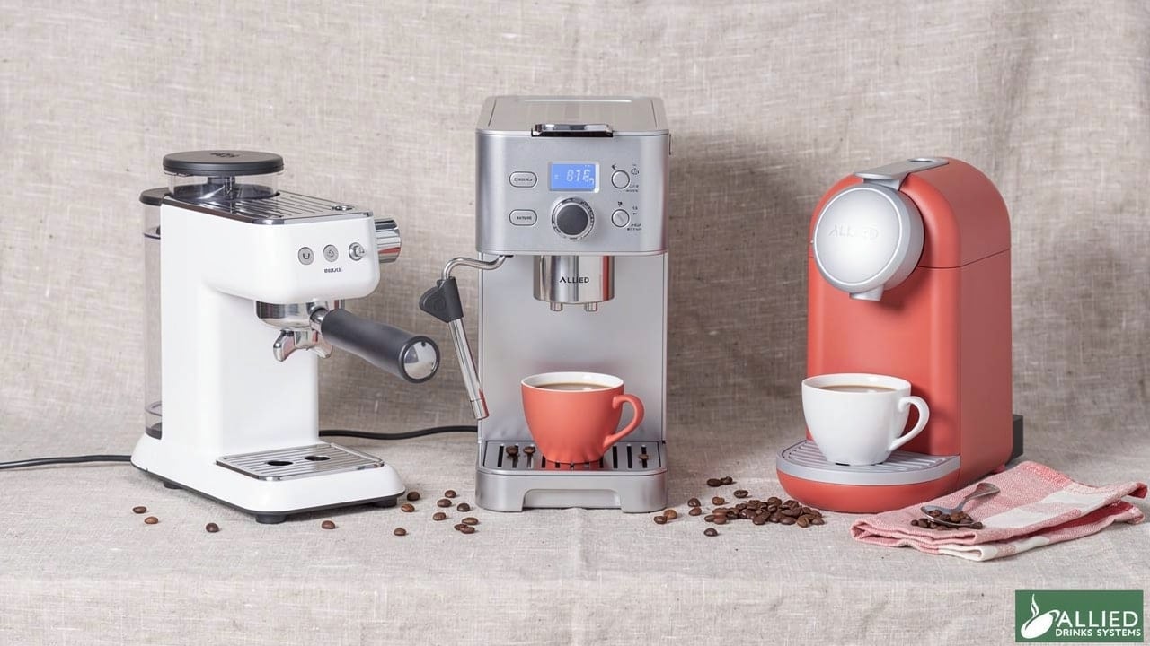 Different types of compact espresso machines displayed together