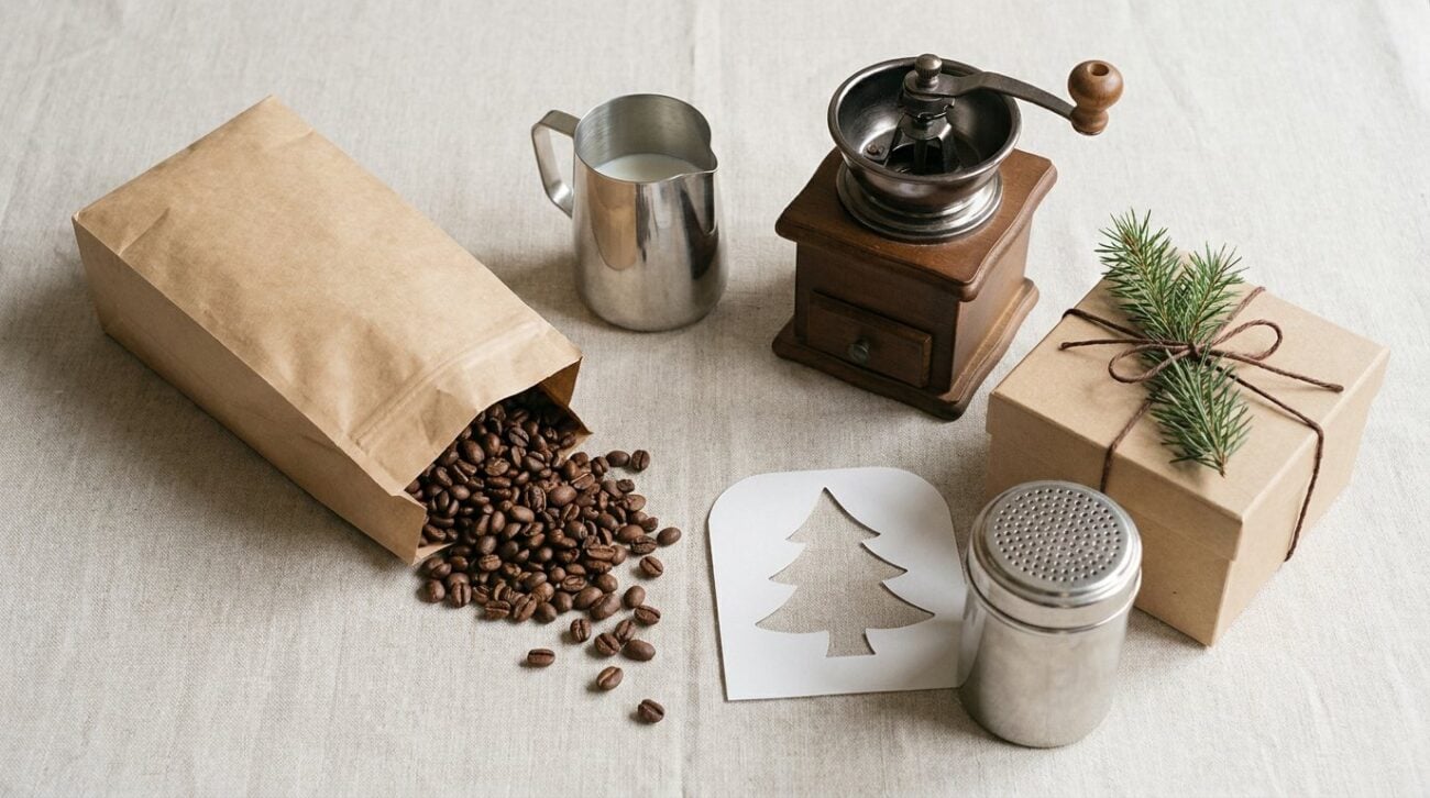 Coffee gift flat lay with a bag of beans, hand grinder, milk jug, chocolate shaker and Christmas tree stencil