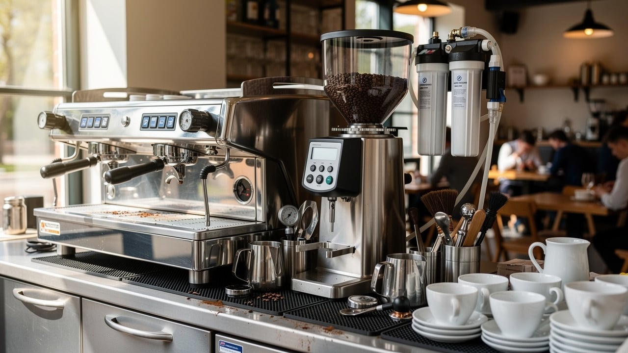 Professional espresso machine, grinder, and water filtration equipment