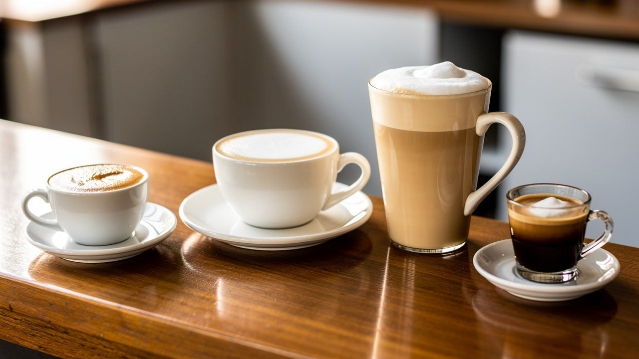 Four espresso-based drinks shown in respective cup sizes and proportions